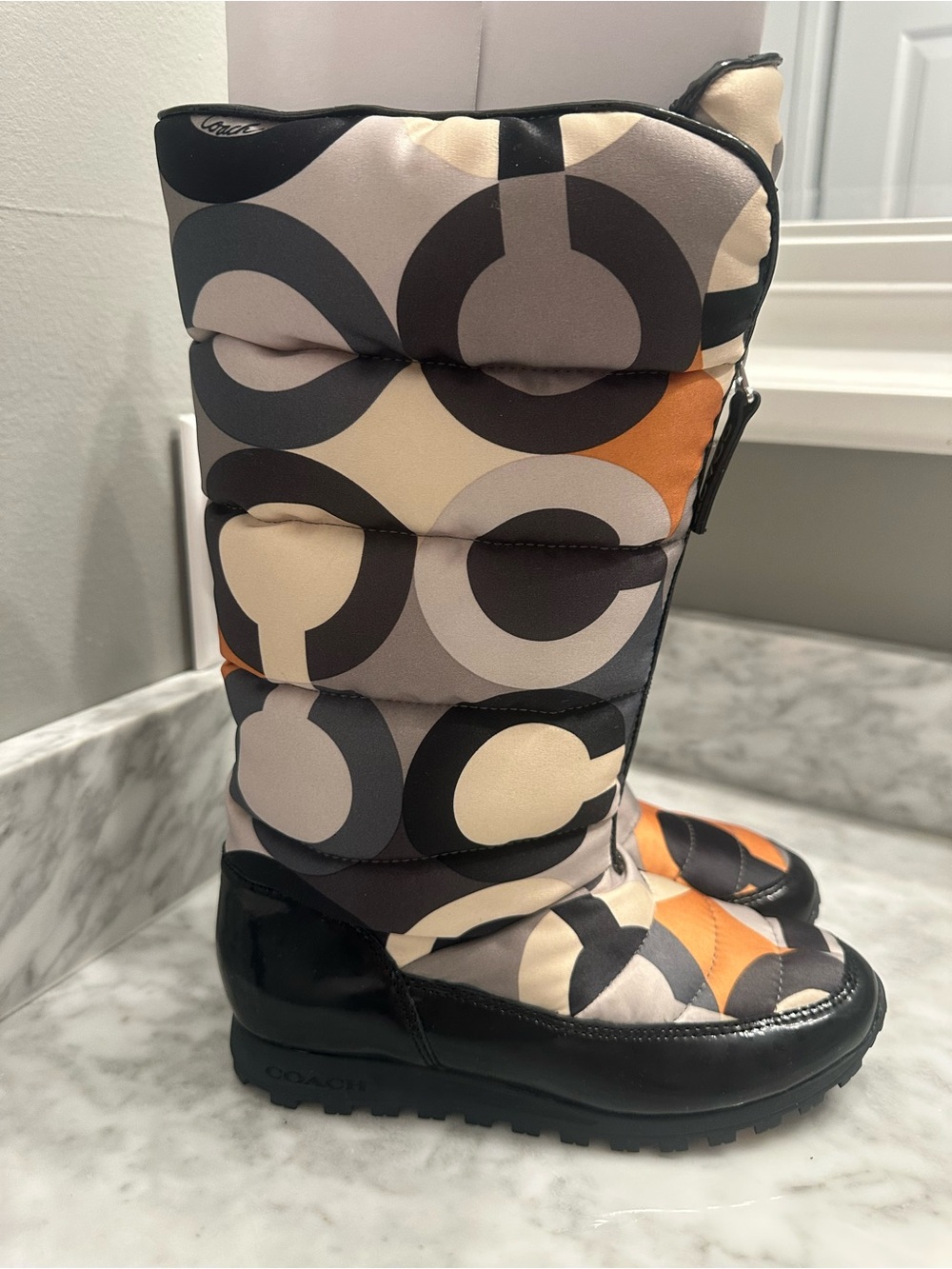 Coach women's Puffer Boots in Black, Gray, Cream & Orange Geometric Print NWT